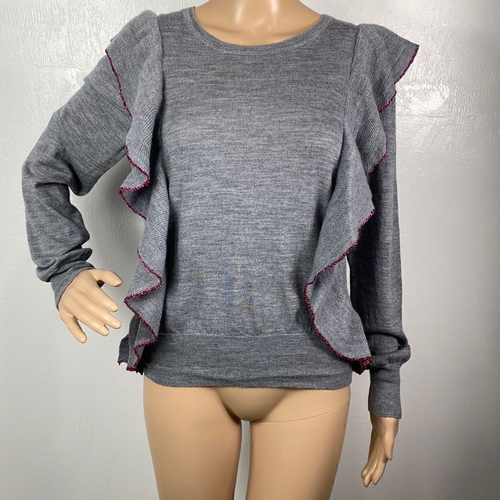 Rhie merino wool gray ruffle detailing pullover sweater size L
